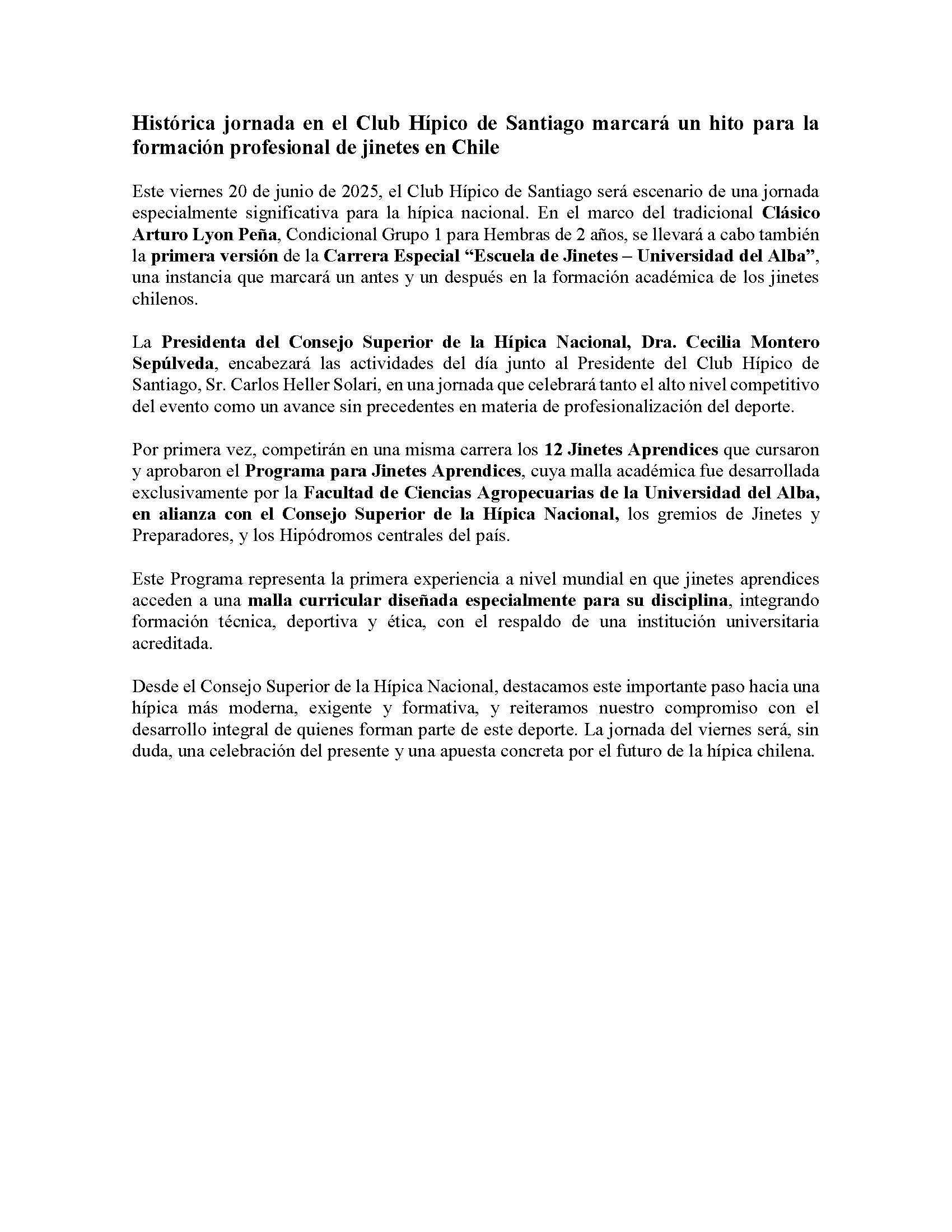 Histórica jornada en el Club Hípico de Santiago marcará un hito para la formación profesional de jinetes en Chile