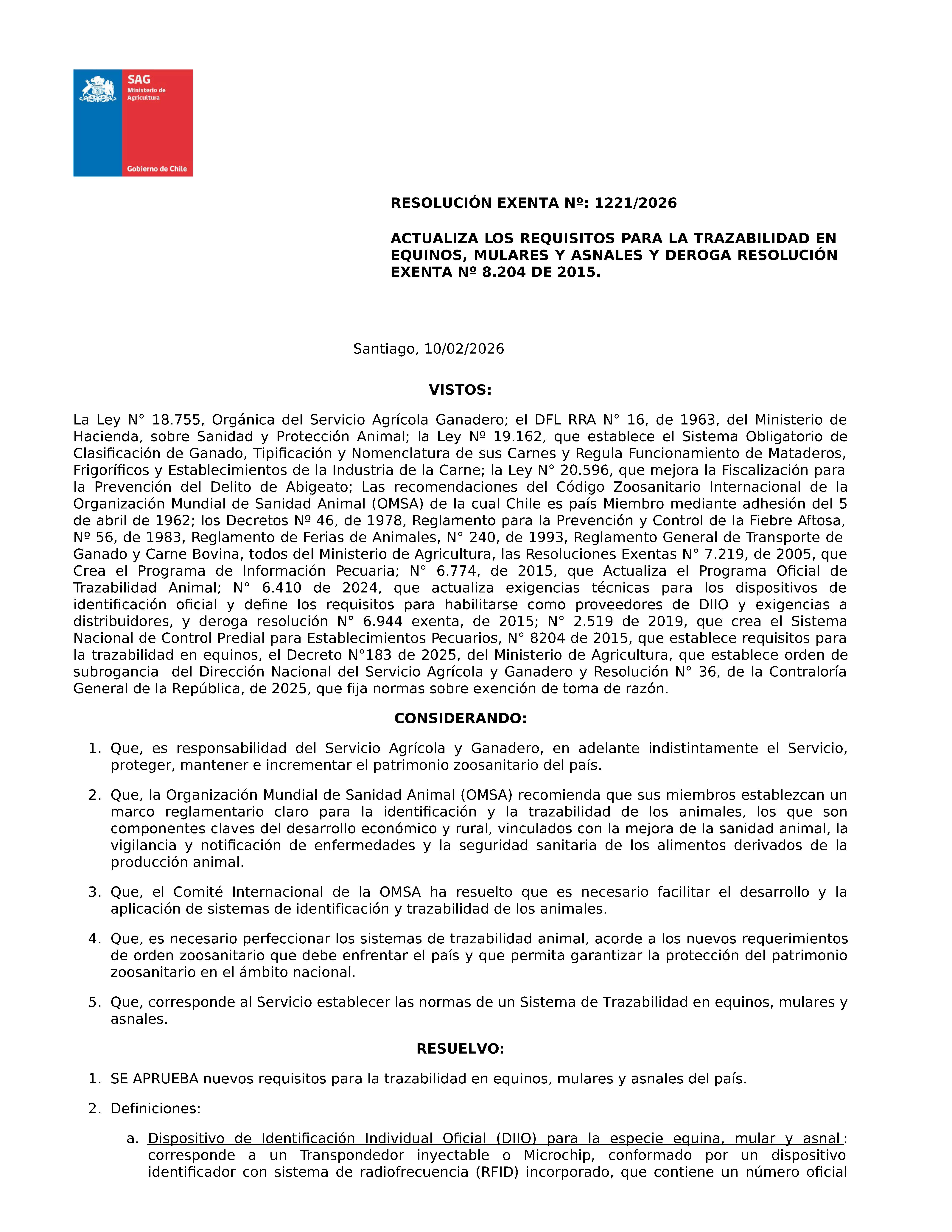 ACTUALIZA LOS REQUISITOS PARA LA TRAZABILIDAD EN EQUINOS, MULARES Y ASNALES Y DEROGA RESOLUCIÓN EXENTA Nº 8.204 DE 2015.