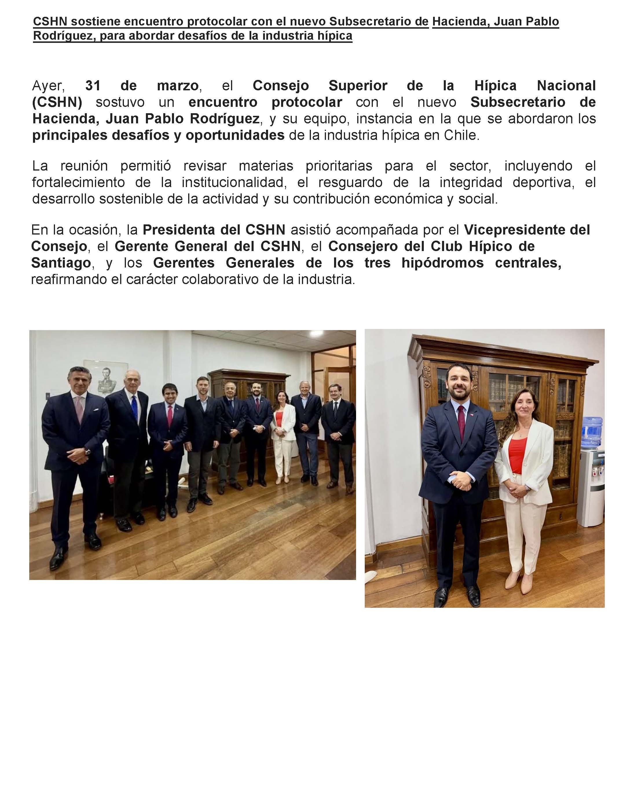 CSHN sostiene encuentro protocolar con el nuevo Subsecretario de Hacienda, Juan Pablo Rodríguez, para abordar desafíos de la industria hípica